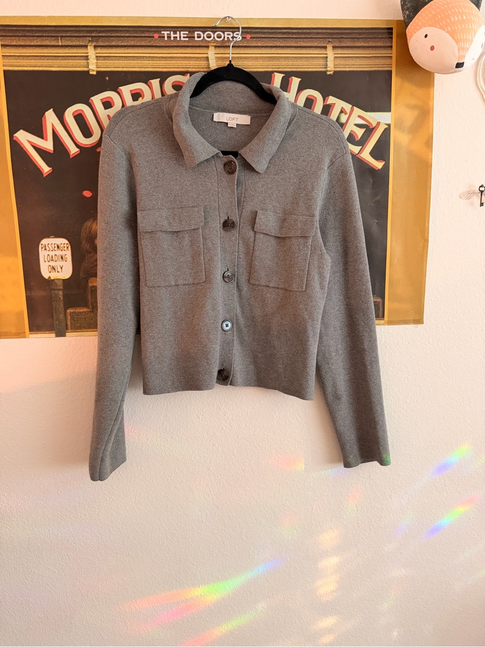 LOFT Gray Button-Up Cropped Cardigan